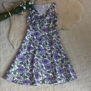LOFT Purple and Green Floral Fit & Flare Dress